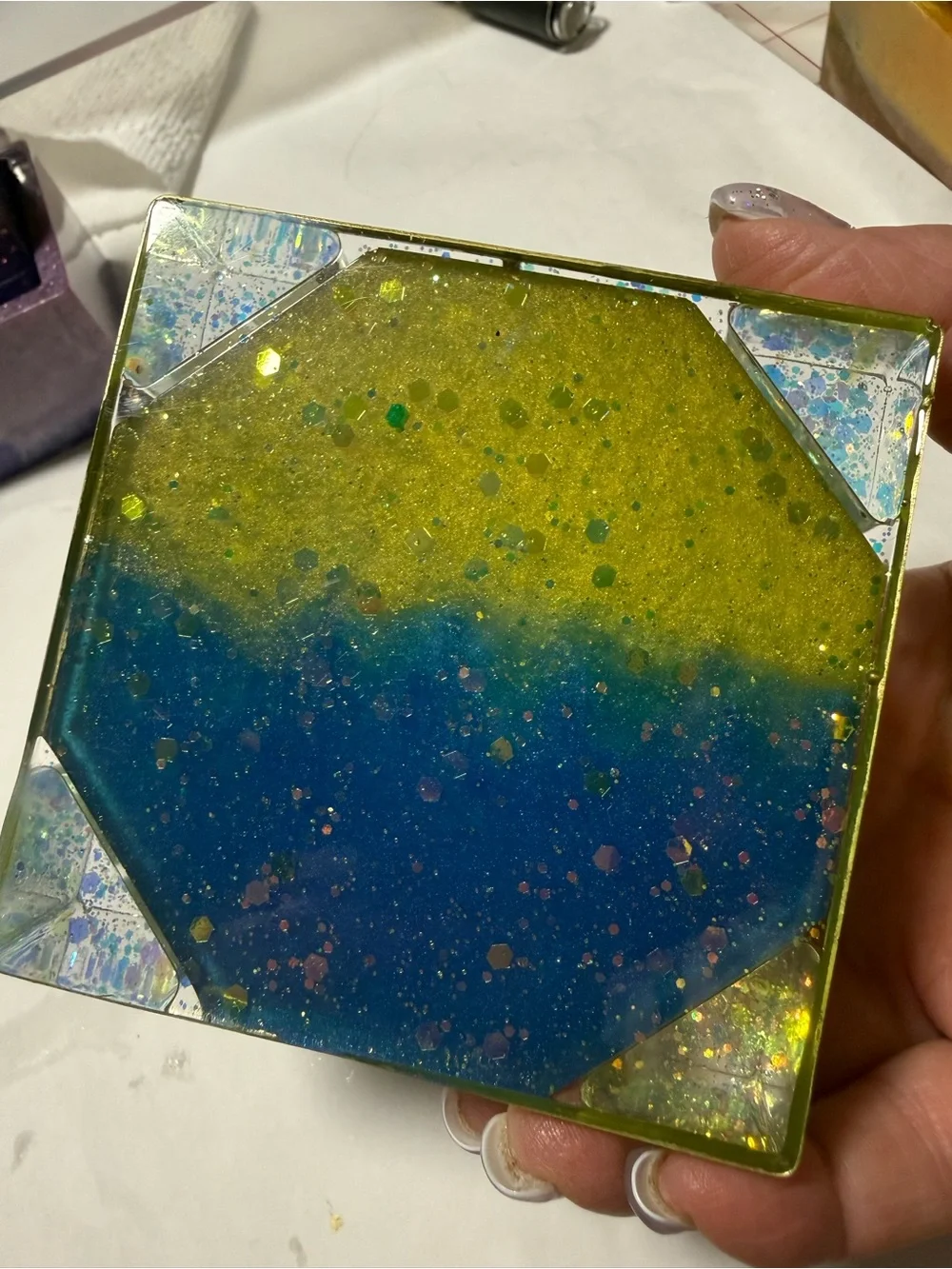 Blue and Yellow Octagonal Resin Coaster — Handmade Home Accent